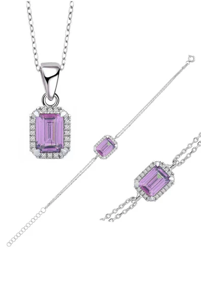 925 Ayar Gümüş Ametist Taşlı Baget Kadın Kolye Bileklik Set ürün görseli