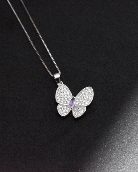Ametist Taş Işıltılı Kelebek Diamond Butterfly Kadın Gümüş Kolye - Resim 3
