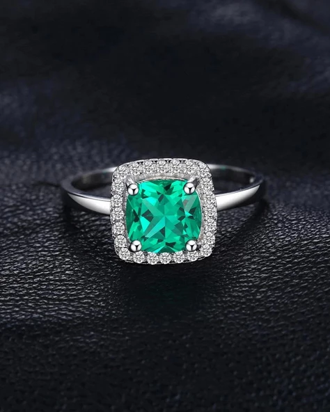 Zümrüt Taşlı Diamond Tektaş Kare Kadın Gümüş Yüzük - 3