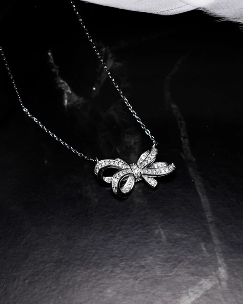 Zirconia Taşlı Işıltılı Diamond Fiyonk Model Kadın Gümüş Kolye - Resim 3