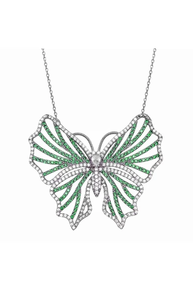 925 Ayar Yeşil Taşlı  Kelebek Uzun Kadın Gümüş Kolye ürün görseli