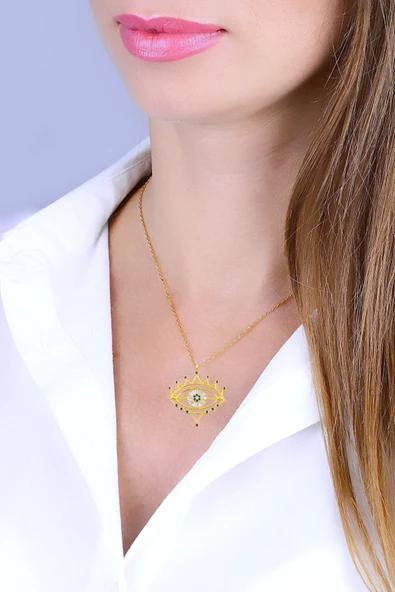 925 Ayar Gümüş Baget Taşlı Nazar Gözlü Kadın Kolye Altın Kaplama - Resim 3