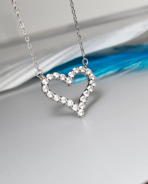 Diamond Swarovski Taşlı Kalp Kadın Gümüş Kolye - Resim 3