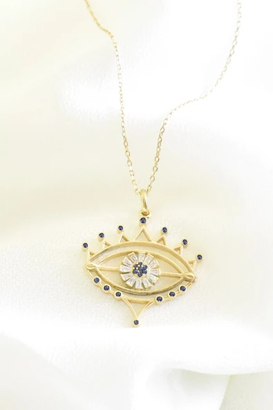 925 Ayar Gümüş Baget Taşlı Nazar Gözlü Kadın Kolye Altın Kaplama - Resim 2