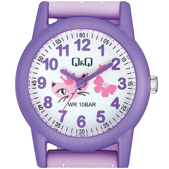 Q&Q VR99J014Y Lila Mor Su Geçirmez Kraliçe Kedi Desenli Rakamlı Kız Çocuk Kol Saati - 6
