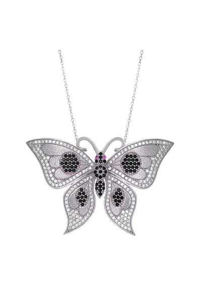 925 Ayar Siyah Taşlı  Kelebek Uzun Kadın Gümüş Kolye ürün görseli
