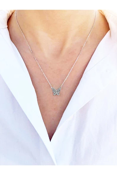 925 Ayar Zarif Model Minimal Oniks Taşlı Kelebek Gümüş Kolye - Resim 3