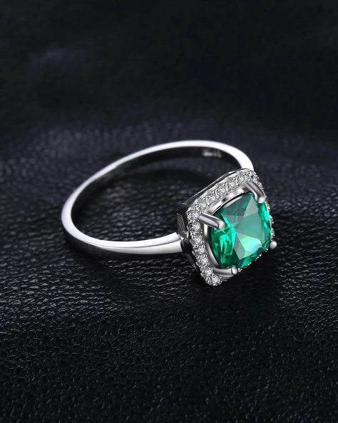 Zümrüt Taşlı Diamond Tektaş Kare Kadın Gümüş Yüzük - 4