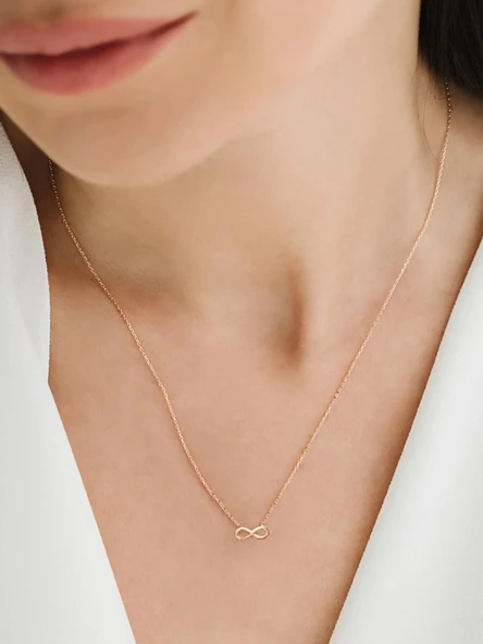 925 Ayar Rose Gold Sonsuzluk Model Sade Zarif Minimal Kadın Kolye - Resim 2