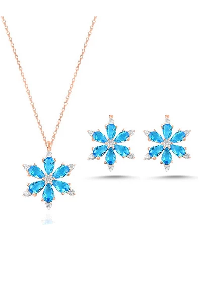 925 Ayar Lotus Çiçeği Aquamarin Taşlı Rose Gümüş Kolye Küpe Set