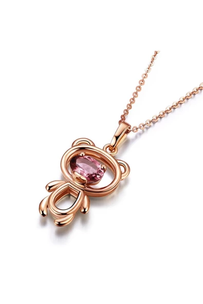 Ayıcık Gümüş Minik Kolye Rose Renk Mor Taşlı - 2