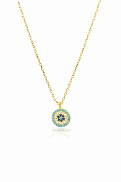 925 Ayar Gümüş Firuze Taşlı Nazar Gözlü Altın Kaplama Kadın Kolye - Resim 2