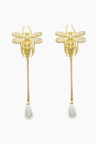 Altın Kaplama Arı Figürlü Sallantılı İnci Kadın Küpe ürün görseli