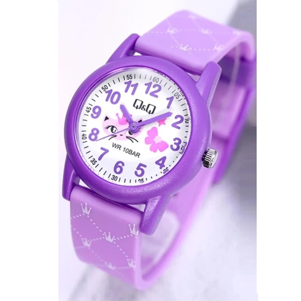 Q&Q VR99J014Y Lila Mor Su Geçirmez Kraliçe Kedi Desenli Rakamlı Kız Çocuk Kol Saati - 4