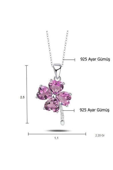Mor Taşlı Minik Dört Yaprak Yonca Kadın Gümüş Kolye - Resim 2