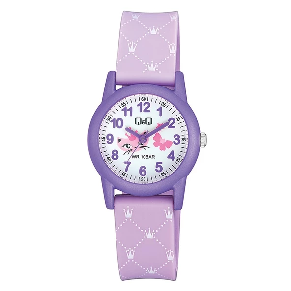 Q&Q VR99J014Y Lila Mor Su Geçirmez Kraliçe Kedi Desenli Rakamlı Kız Çocuk Kol Saati