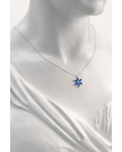 925 Ayar Lotus Çiçeği Safir Taşlı Gümüş Kolye Bileklik Set - Resim 2