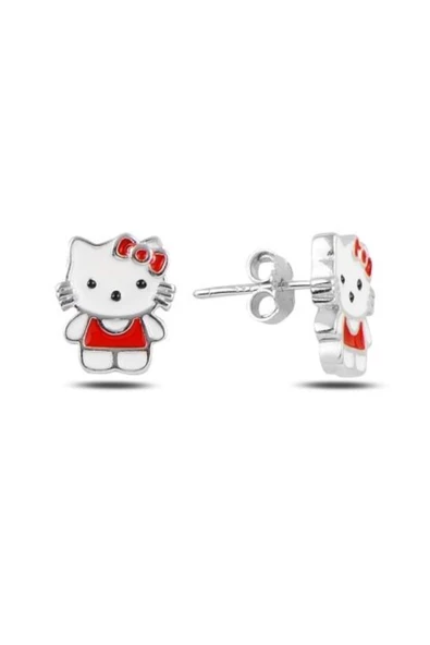 925 Ayar Kedicik Model Kırmızı Mineli Çocuk Küpe ürün görseli