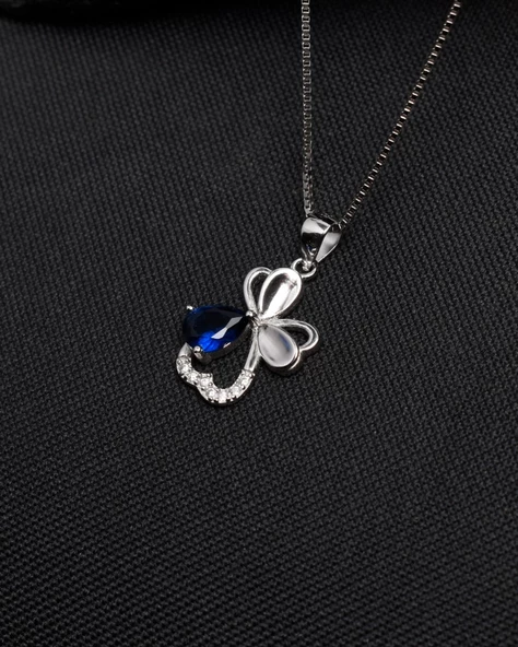 Diamond Serisi Safir Damla Kalp Çiçek Gümüş Kadın Kolye - Resim 4