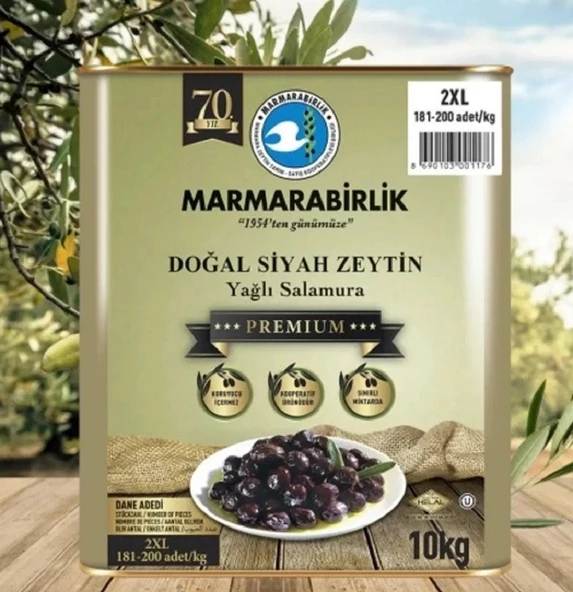 Marmarabirlik Premium Yağlı  Salamura   181-200 Kalibre Siyah Zeytin 10 KG