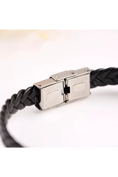 Örgü Model Deri Erkek Çelik Bileklik 316 L Paslanmaz Çelik - Resim 3