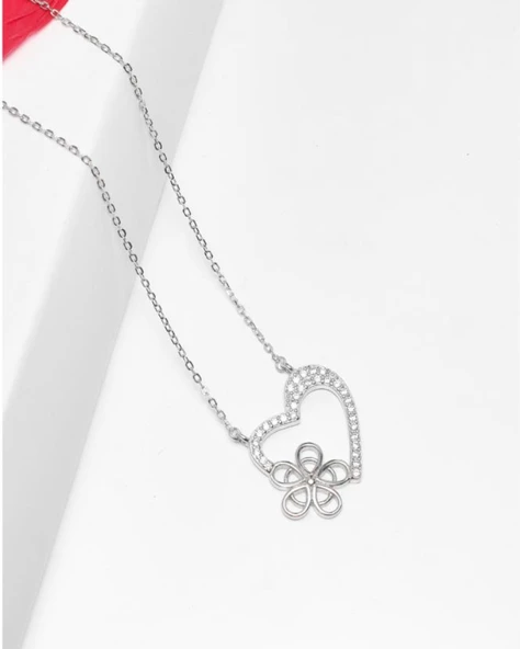 Luck Serisi Kalbimin Çiçeği Kalp Gümüş Kadın Kolye - Resim 2