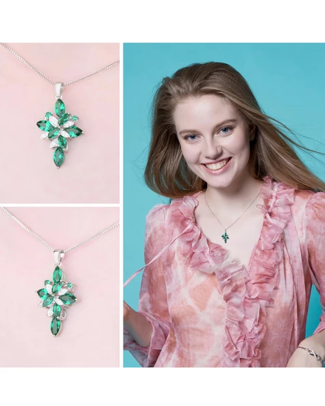 Zümrüt Taşlı Marquise Zarafet Kadın Gümüş Kolye - Resim 3