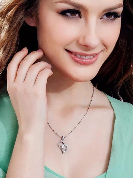 Gümüş Zirkon Taşlı Kadın Kalp Gümüş Kolye - Resim 2
