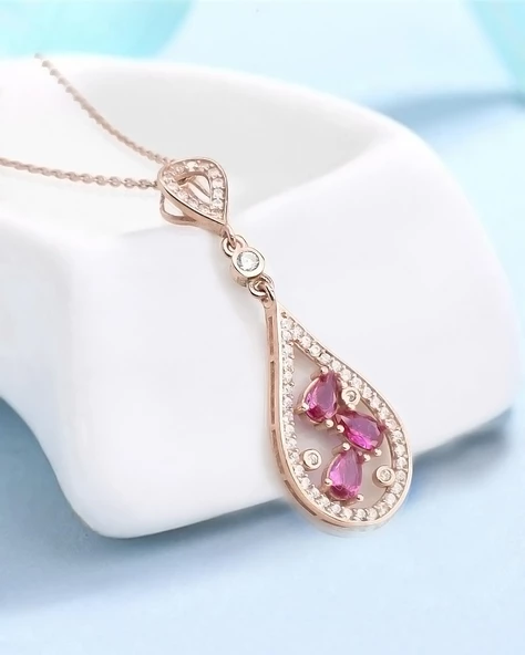 Rubalit Turmalin Rose Gold Histryum Kadın Gümüş Kolye - Resim 3