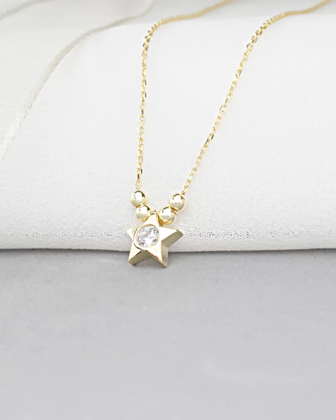 18k Serie Oro Tektaş Yıldız Minimal Dorika Kadın Gümüş Kolye - Resim 3