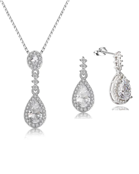 Zirkon Taşlı Işıltılı Damla Diamond Model Kadın Gümüş Kolye Küpe Seti