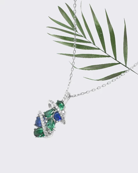 Zümrüt Oval Taşlı Luxury Kadın Gümüş Kolye Küpe Set - 3