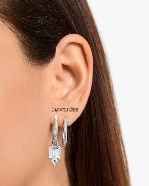 Pırlanta Zirkon Sallantılı Yarımtur Halka Kadın Gümüş Küpe 17 MM - Resim 3