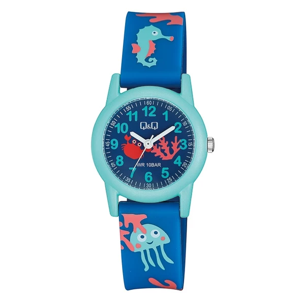 Q&Q VR99J017Y Mavi Turkuaz Deniz Atı Yengeç Desenli Su Geçirmez Çocuk Kol Saati