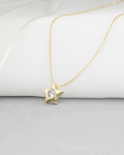 18k Serie Oro Tektaş Yıldız Minimal Classical Kadın Gümüş Kolye - Resim 3