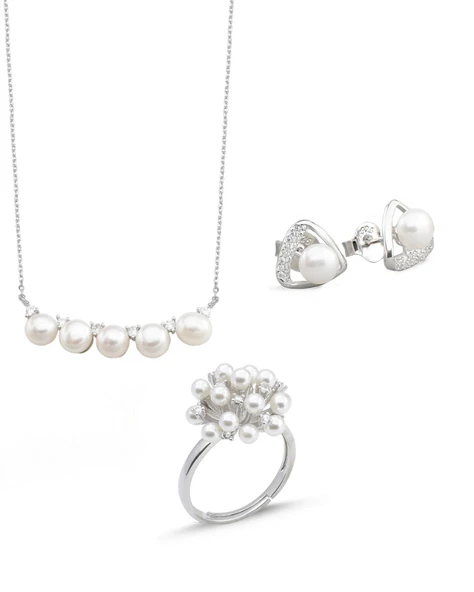 Special Luxury Pearl Kadın Gümüş Kolye Küpe Yüzük İnci Set