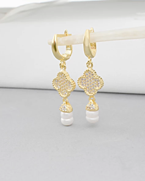 18k Serie Oro Sallantılı Hakiki İncili Yonca Gümüş Küpe - Resim 2