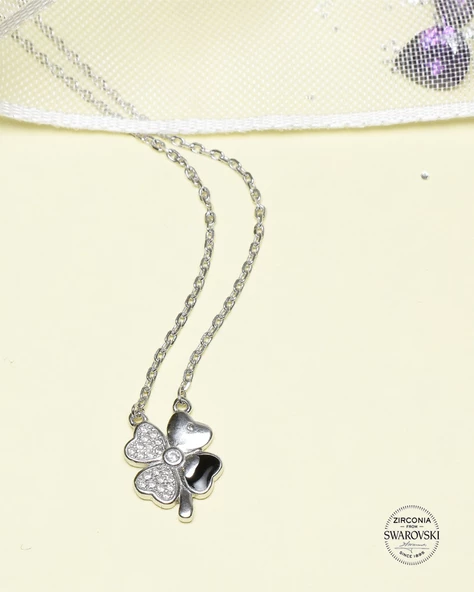 Swarovski Taşlı Mineli Yonca Model Kadın Gümüş Kolye - 3