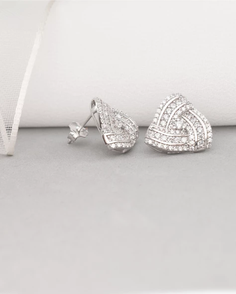 Diamond Business Üçgen Form Işıltılı Kadın Gümüş Küpe - Resim 3