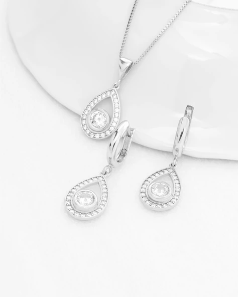 Dia Serisi Lusso Su Damlası Model Kadın Kolye Küpe Seti - 2