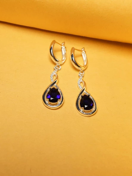 925 Ayar Su Damlası Safir Zirkon Taşlı Gümüş Küpe - Resim 3