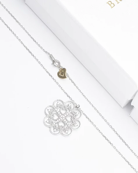 Dia Serisi Işıltılı Kalpli Yonca Kadın Gümüş Kolye - Resim 2