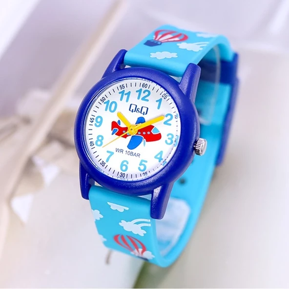 Q&Q VR99J018Y Mavi Uçak Gökyüzü Balon Desenli Su Geçirmez Erkek Çocuk Kol Saati - 2