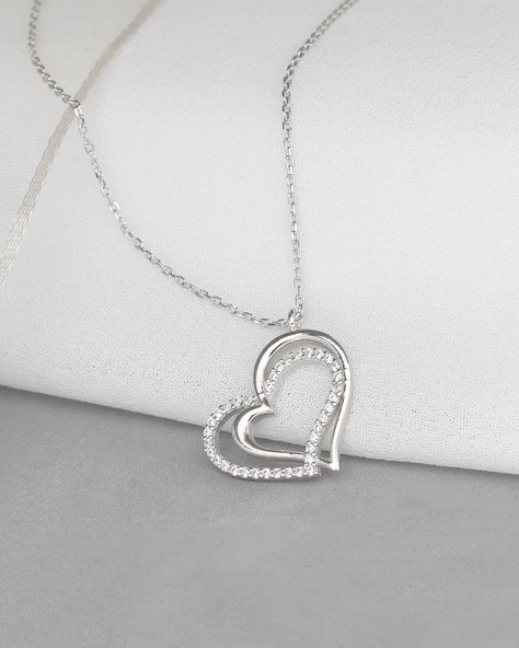 Diamond Model Special Çift Kalp Kadın Gümüş Kolye - Resim 2