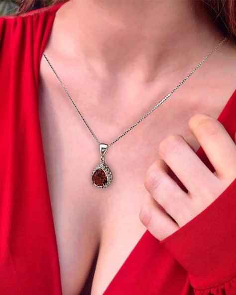 Işıltılı Kırmızı Damla Kadın Gümüş Kolye - Resim 2