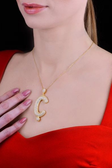 18k Serie Oro Ç Harfi Kadın Gümüş Kolye - Resim 2