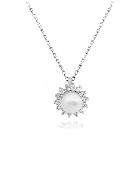 925 Ayar Gümüş Işıltılı Zirkon Taşlı İnci Kadın Gümüş Kolye ürün görseli