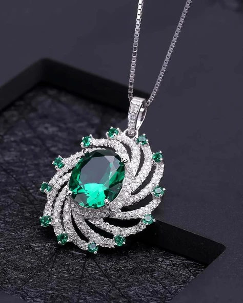 Zümrüt Oval Taşlı Luxury Vintage Kadın Gümüş Kolye - 3