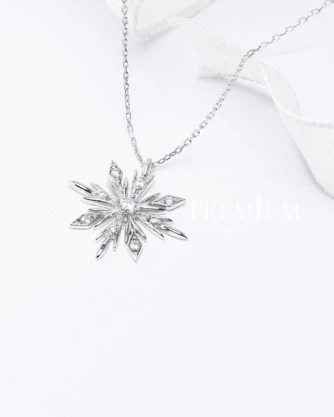 Diamond Seri Özel Tasarım Kar Tanesi Snowflake Kadın Gümüş Kolye - Resim 3
