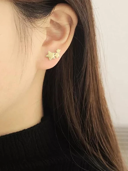 Sıralı Yıldızlar Gümüş Küpe Altın Kaplama - Resim 4